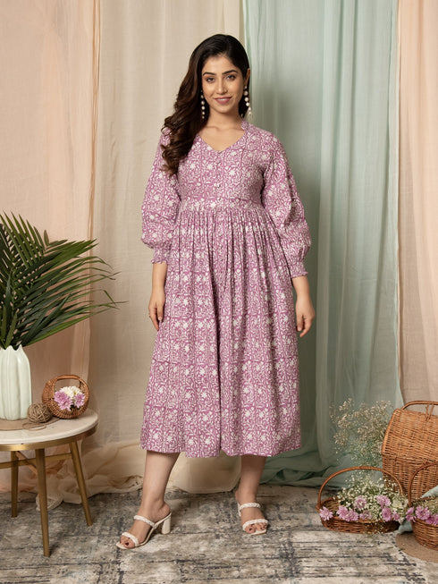 MULMUL TURVI FLORAL BLOCK PRINTED DRESS MULMUL TURVI FLORAL BLOCK PRINTED DRESS